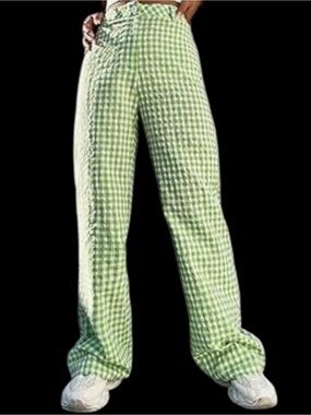 SHEIN Light Green Gingham Straight-Leg Pants
